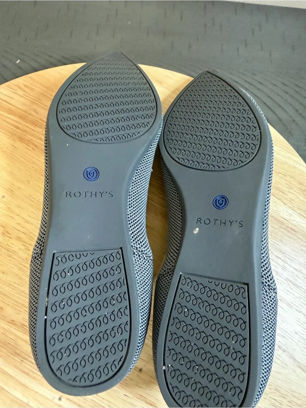 Rothy's Gray Pointed Knit Flats with Blue Trim